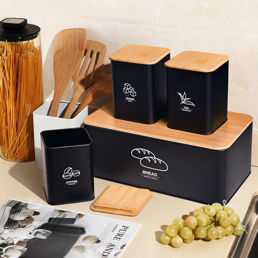 Metal Bread Box With Lidded Jar Set for Kitchen Storage