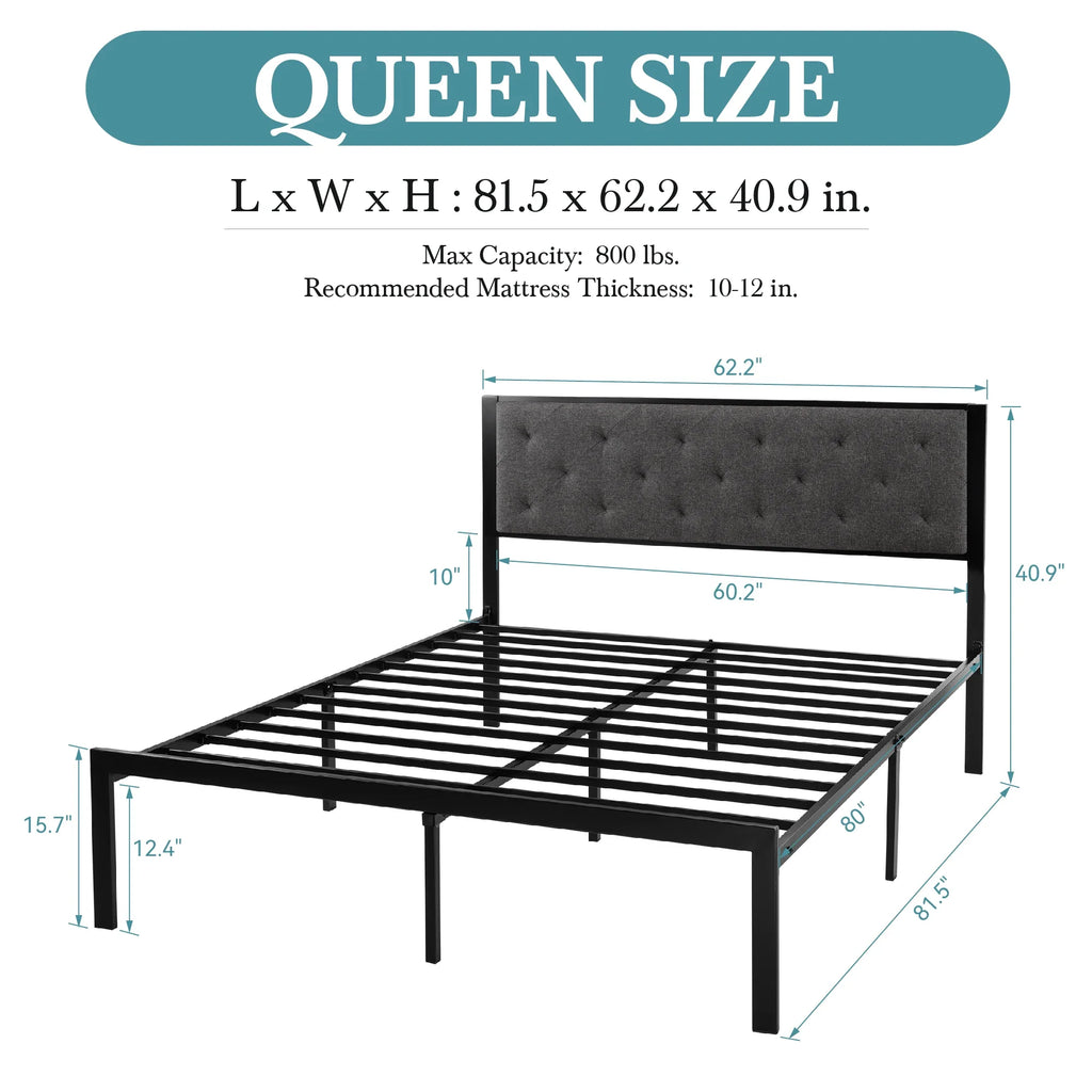 HOOMICH Metal Bed Frame With Upholstered Headboard Linen