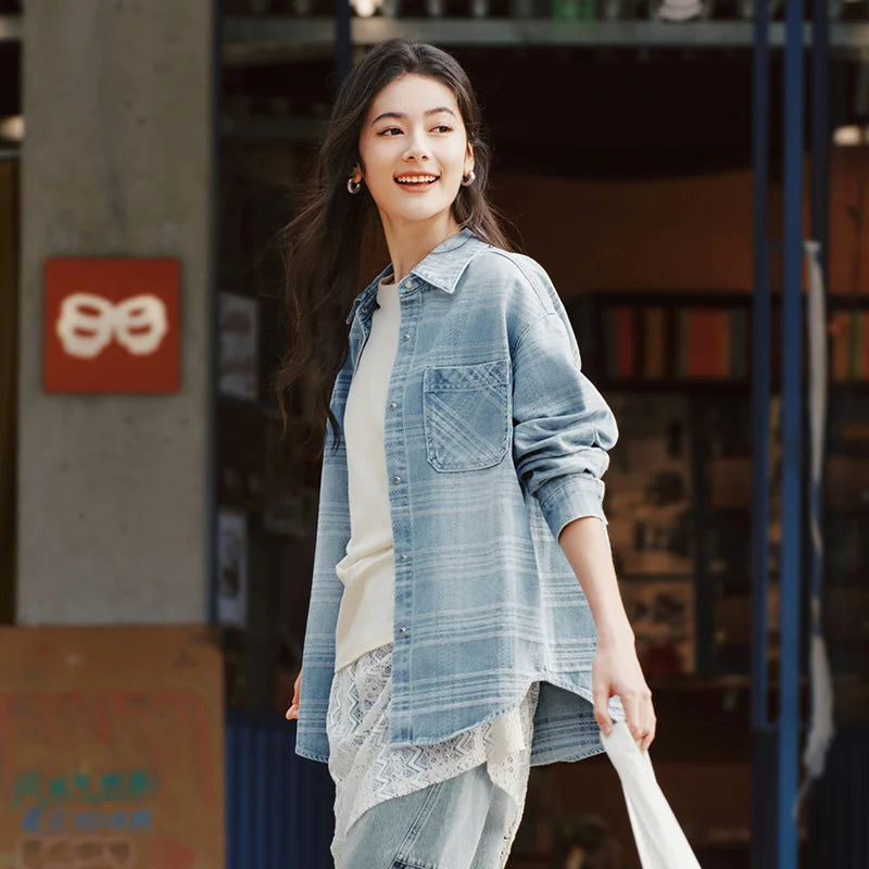 Semir Denim Shirt Women Oversize Spring 2025 New Spring Checkered Blouse Plaid Jacket