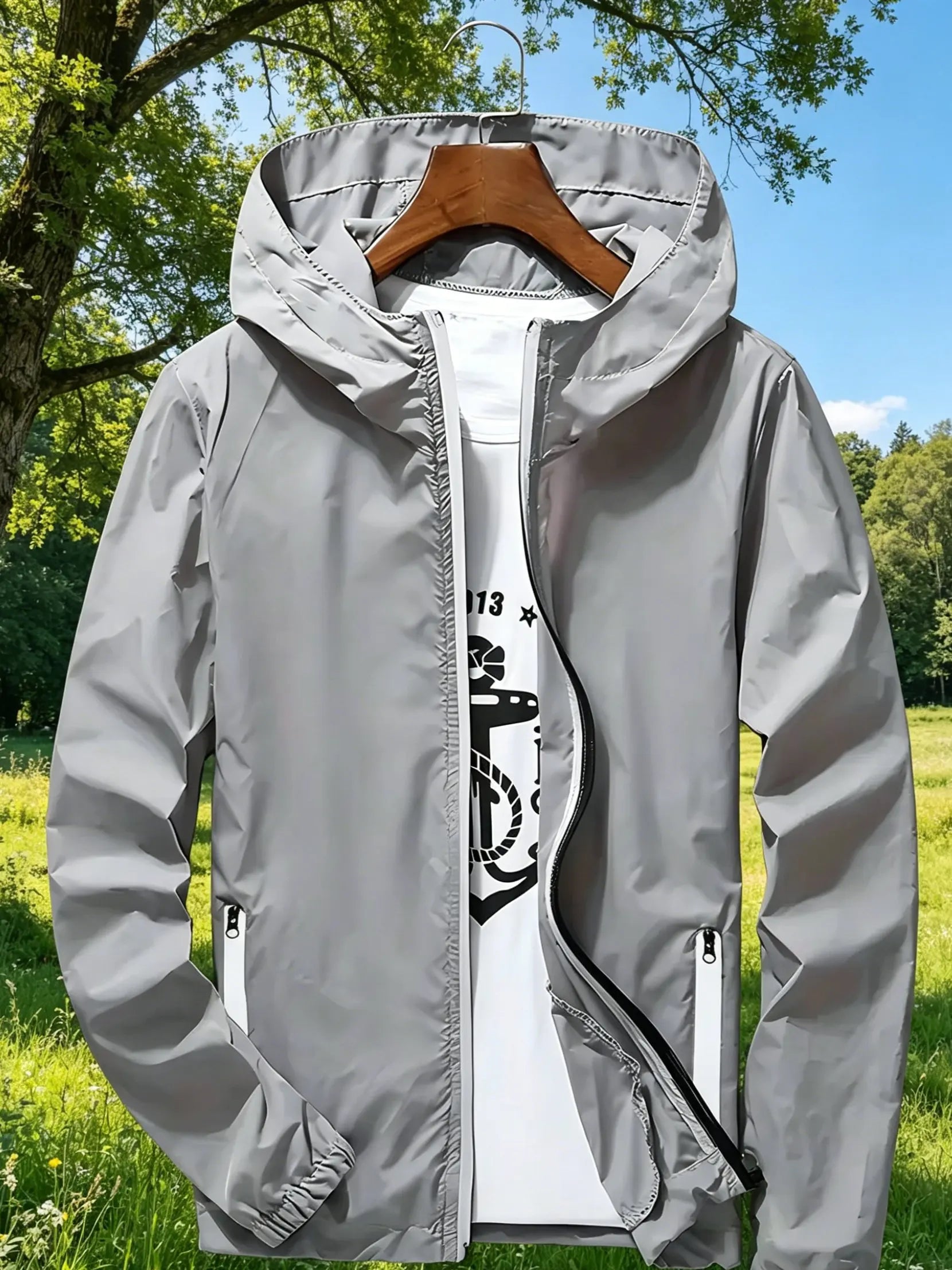 Men's Premium Lightweight Hooded Windbreaker, Quick-Dry Full-Zip Casual Jacket with Zipper Pockets for Street & Outdoor Wear
