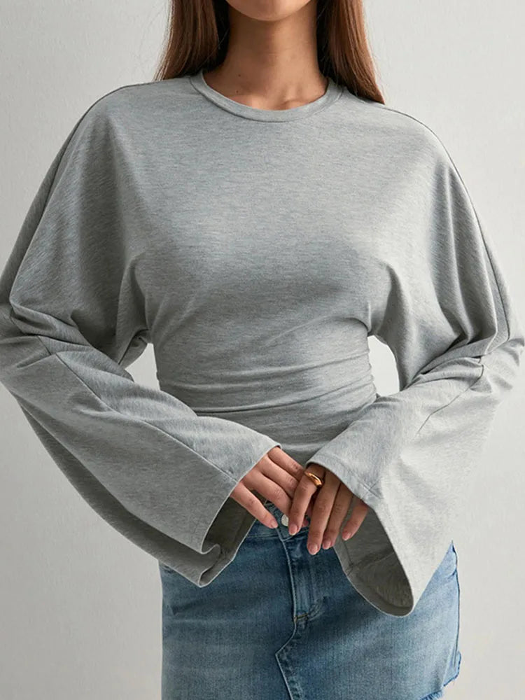 Women's Long Sleeve O-Neck Skinny T-Shirt Monochromatic Crop Top Casual Y2K Streetwear Fashion Pullover Summer Outfit