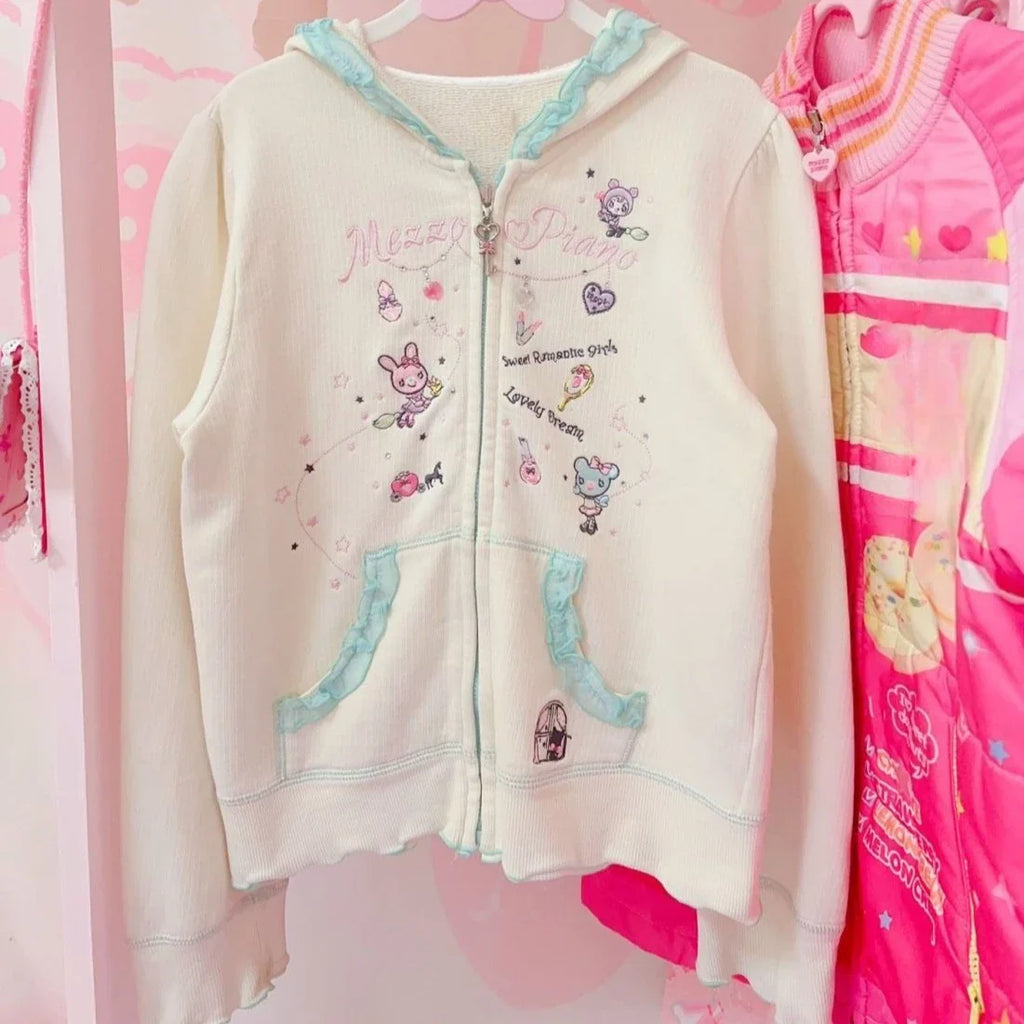 Japanese Cute Coat Embroidery Rabbit Ear Hooded Subculture Kawaii Y2k Tops Casual Fashion Sweet Coats Ropa Mujer Women Clothing