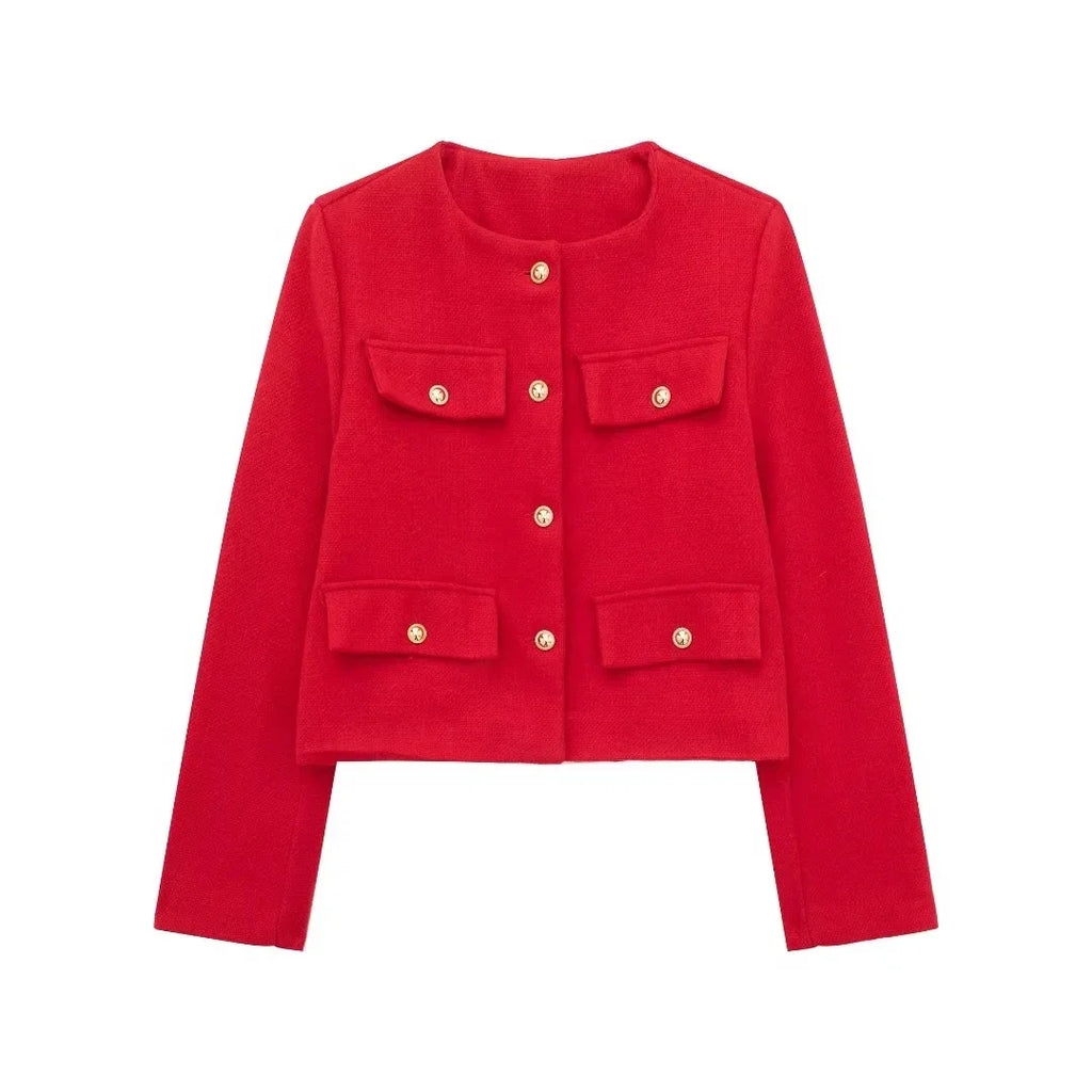 HH Women Vintage Solid Coat Button Long Sleeve O Neck Jacket With Pocket 2024 Spring Elegant Female Casual Outerwear Jakcet