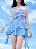 Sexy Blue Floral Print Dress One Piece Swimsuit Women Halter Lace Trim Push Up Ruffles Beach Bathing Suit Vacation Swimwear 2025