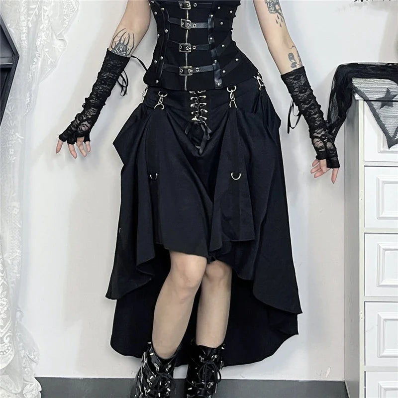 Goth Streetwear Gothic Skirt Women Harajuku Emo Alternative Grunge High Waist Bandage A-line Skirts Y2k E-girl Indie Clothes