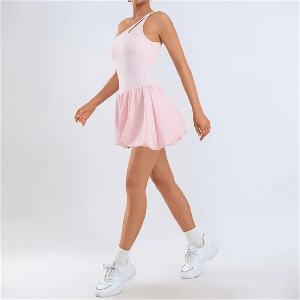 Pad Womens One Shoulder Strap Yoga Set Tennis Dress Built-in Bra Anti Shorts Athletic Golf Workout Dress Skorts  XP168