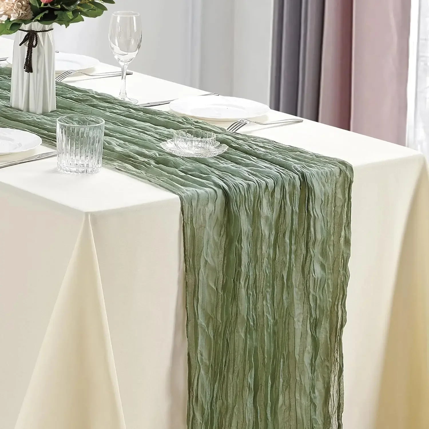 Boho Cheesecloth Table Runner, Semi-Sheer Gauze Fabric Rustic TableRunner for Wedding Bridal Shower Party Banquet