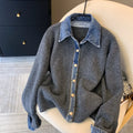 Chic Denim Collar Stitching Fake Two-piece Sweater Women's Cardigan New Single Breasted Knitted Jacket Coat Female Outwear