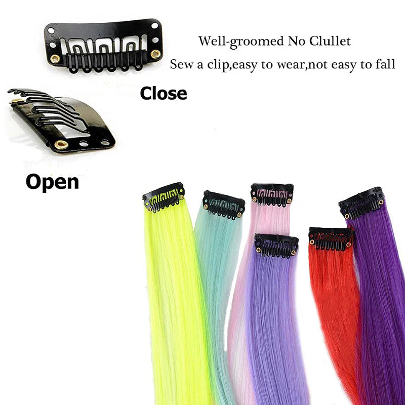 10pcs 22Inch Synthetic Long Straight Hair Extensions Clip in Colored Party Highlights Hairpieces for Women Kids Girls