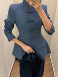 BJTZ Women Mandarin Collar Blazer Long Sleeve Frog Button Front Slim Fit Suit Jacket Casual Office Streetwear Elegant Outerwear
