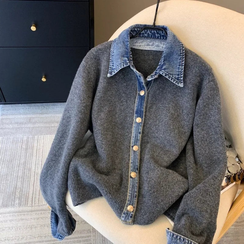 Chic Denim Collar Stitching Fake Two-piece Sweater Women's Cardigan New Single Breasted Knitted Jacket Coat Female Outwear