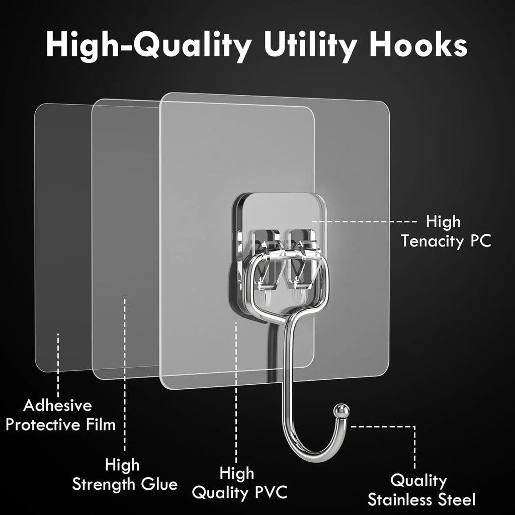 Big Size Hook Self-Adhesive PVC & Stainless Steel Transparent Multi-Purpose Wall Holder Door Rack Kitchen Storage Organizer Home