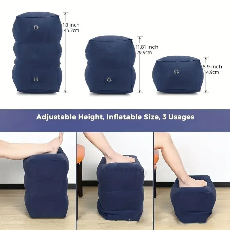 Inflatable Travel Foot Rest Pillow,Adjustable 3-Layer Height, Portable Airplane Bed,Soft Leg Rest with Ergonomic Design
