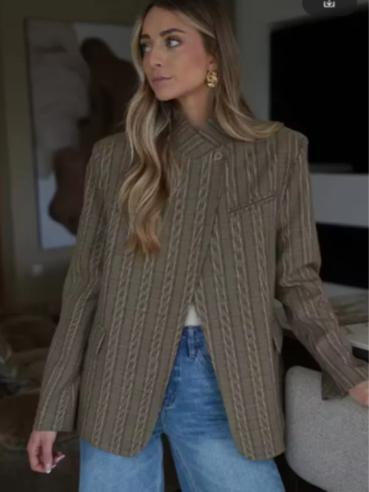 Women Plaid Print Blazer Jacket Fashion Stand Collar Full Sleeve One Button Loose Short Coat Chic Lady Daily Commute Outerwears