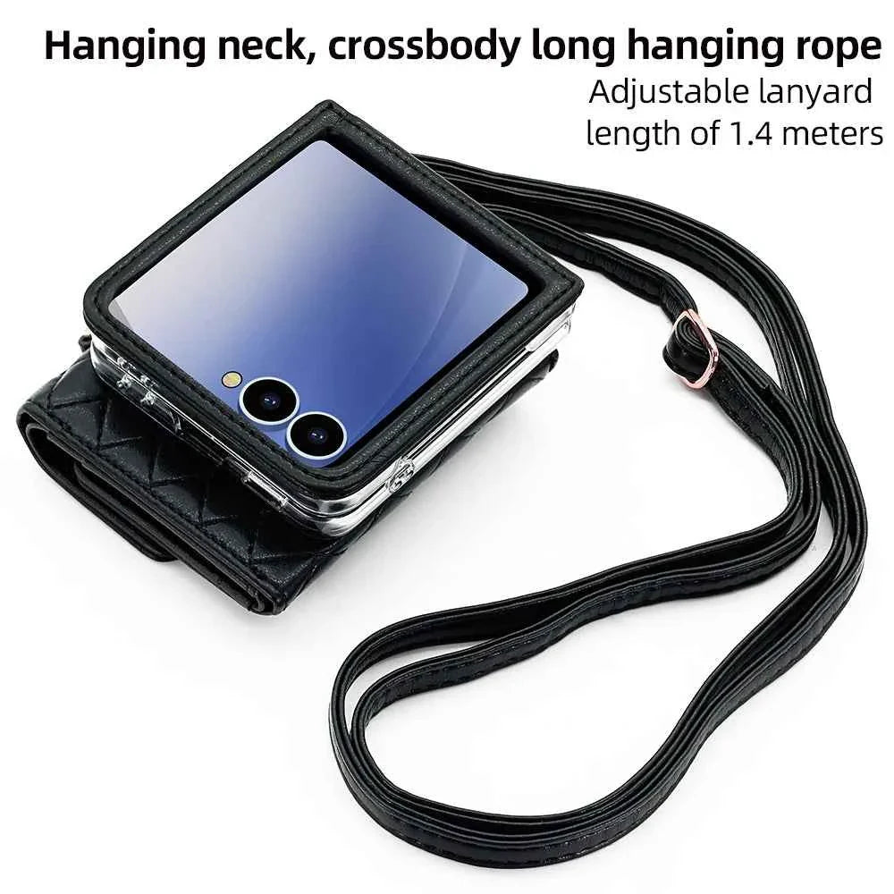 VIETAO Luxury Soft PU Leather Wallet Phone Case for Galaxy Z Flip 7/6/5/4/3 with Crossbody Strap - Durable Protective Cover