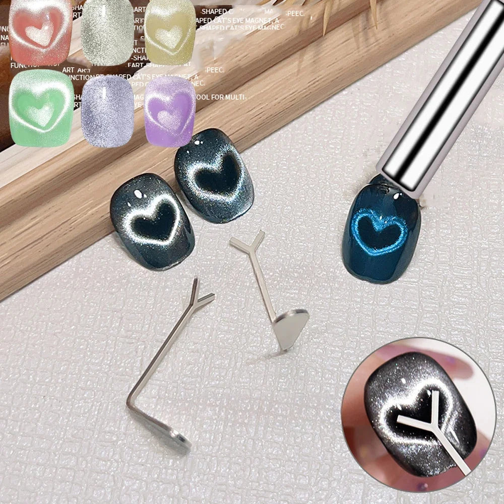 2pcs Love-shaped Nail Art Magnet Set Y-shape Iron Wire Cat Eye Magnetic Stick Strong Heart Pattern Magnetic Gel Polish Nail Tool