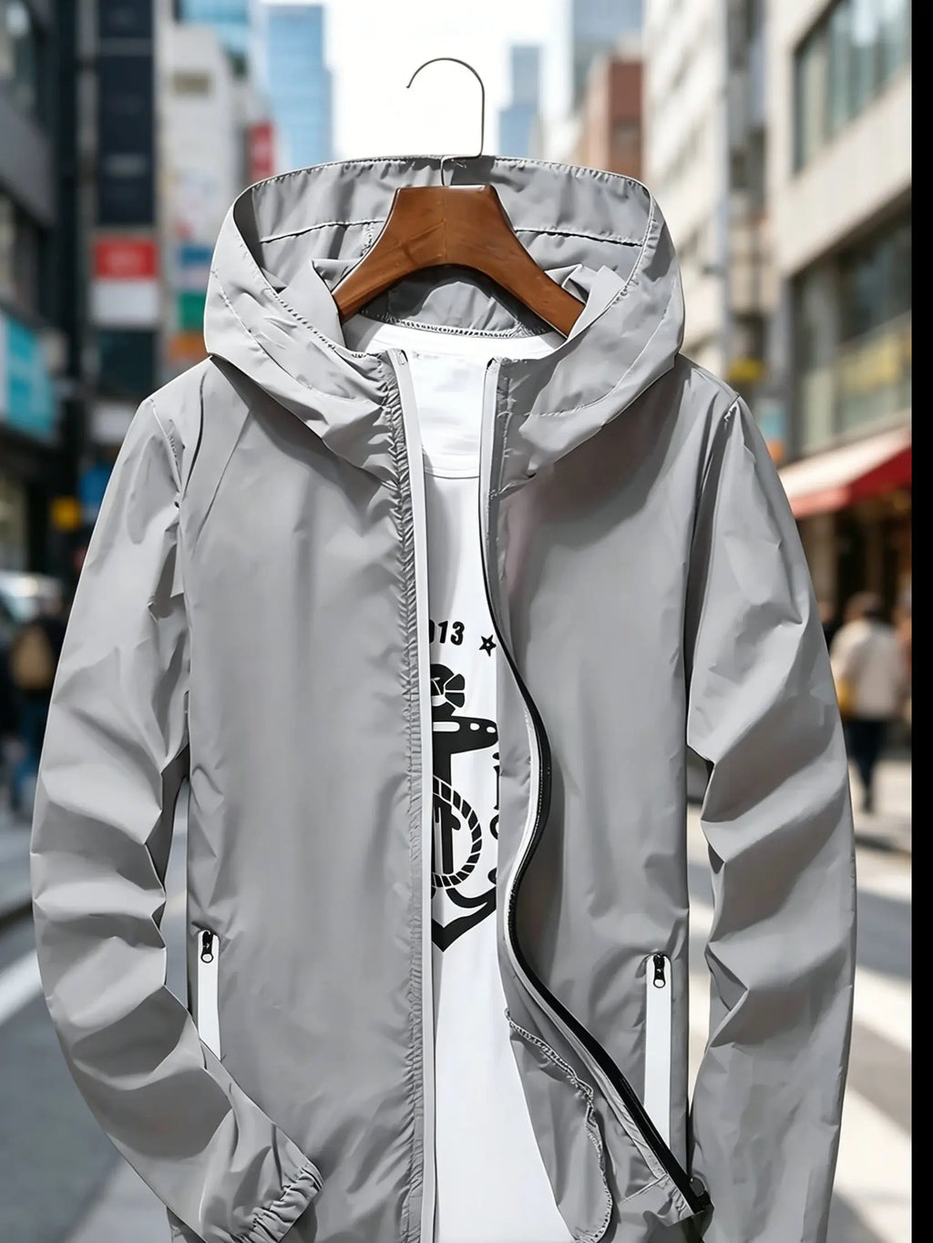 Men's Premium Lightweight Hooded Windbreaker, Quick-Dry Full-Zip Casual Jacket with Zipper Pockets for Street & Outdoor Wear