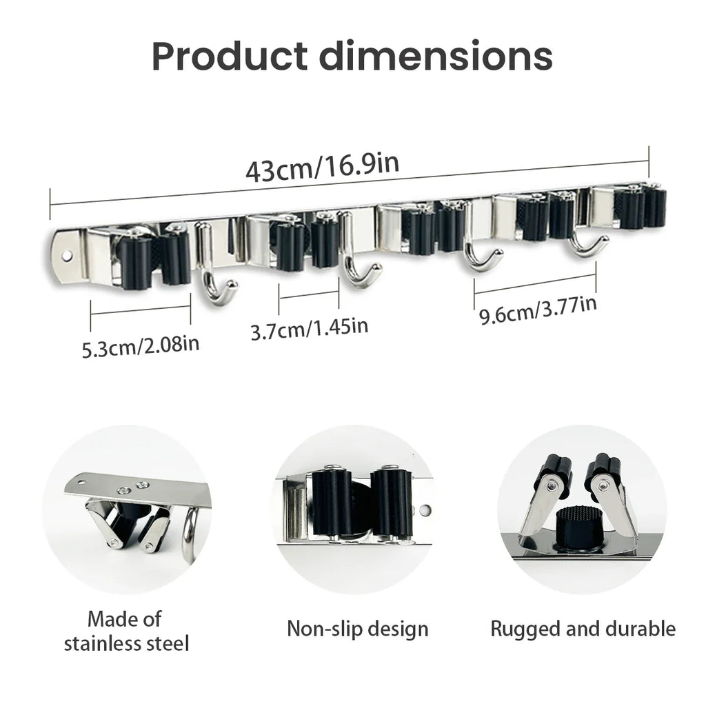 Stainless Steel 4 Hook Wall Mounted Mop And Broom Organizer