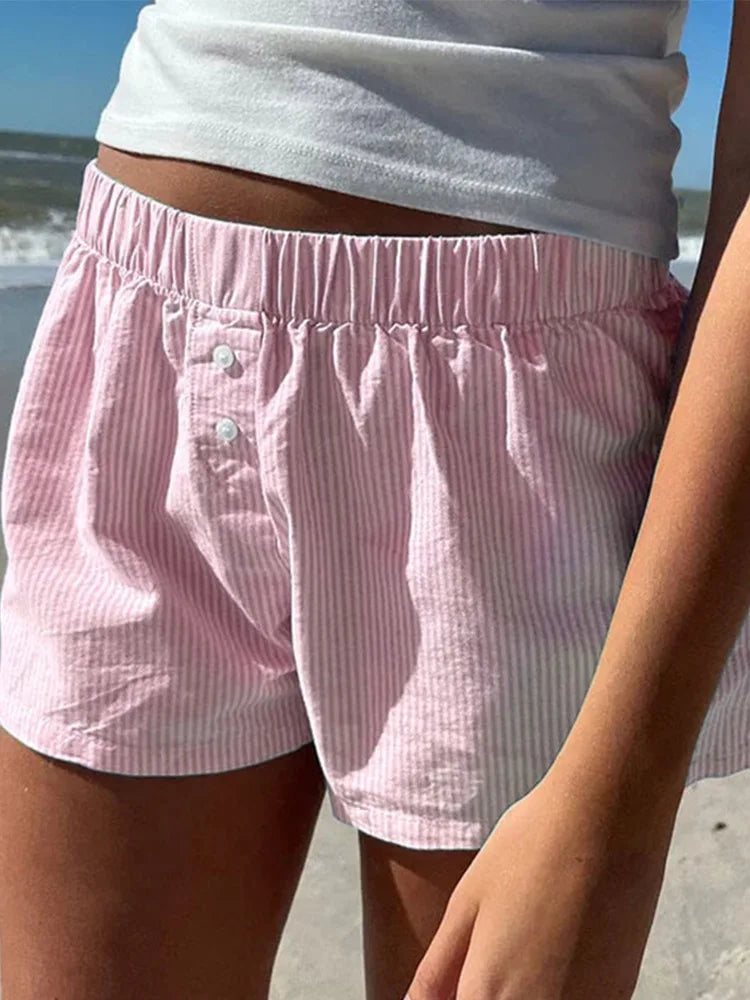 Women's Striped Print Casual Elastic Waist Shorts Y2K Loose Fit Summer Streetwear Chic Basic Fashion Button Detail