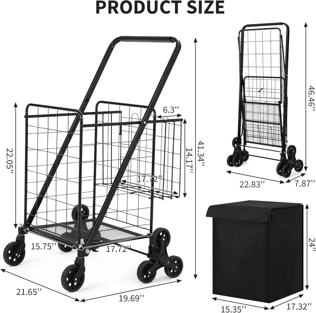 Portable Collapsible Folding Utility Cart Stair Climbing Grocery Cart Featuring Rear Tri-Wheels 360° Swivel Wheels for Grocery