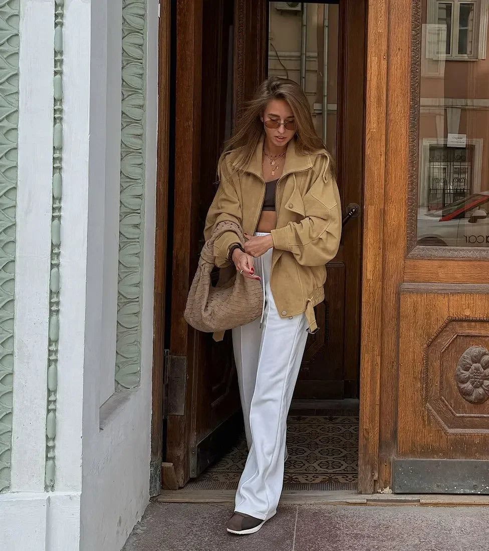 Khaki Lapel Short Suede Jacket Women Casual Stand Collar Full Sleeve Zipper Pocket Loose Jackets 2026 Lady Commute Street Coats