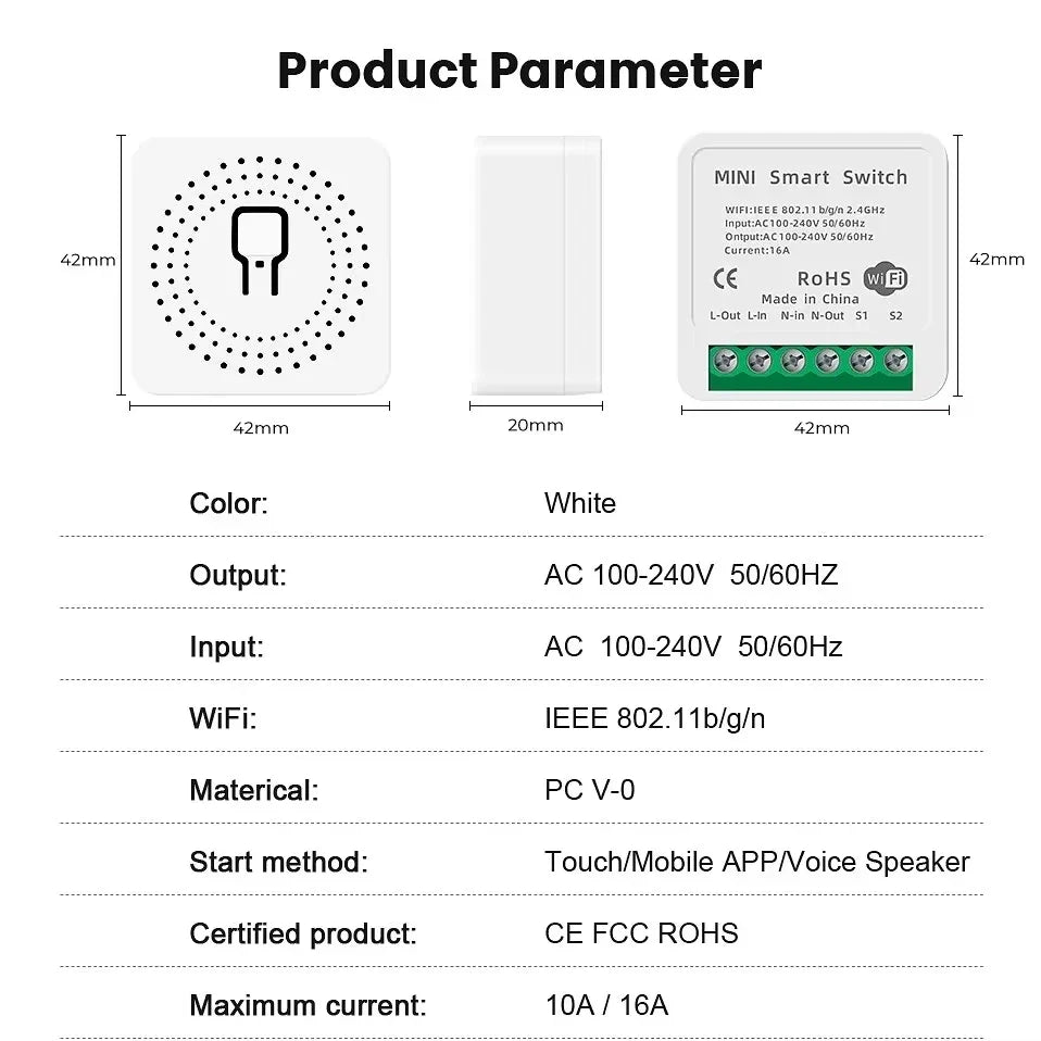 Mini 16A WiFi Switch Works with Tuya Smart Life App 2 Way Control Smart Home Automation Module Interruptor Work for Alexa Google