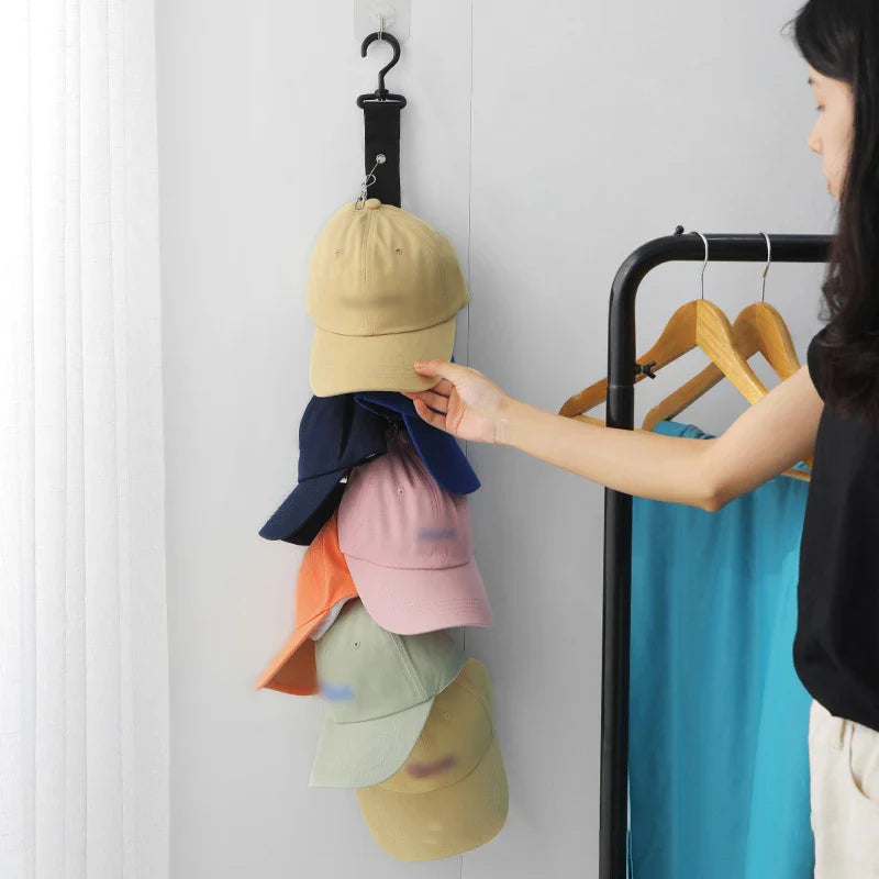 Rotating Hanging Rope Organizer - No Drill Closet Hat Rack for Dorm, Vertical Space Saver with 8 Hooks