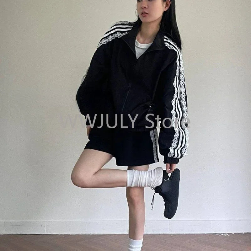 2026 Lace Patchwork Striped Sun Protection Jacket for Women 2025 New Korean Causal Zipper Stand Neck Cardigan Coat Top Design