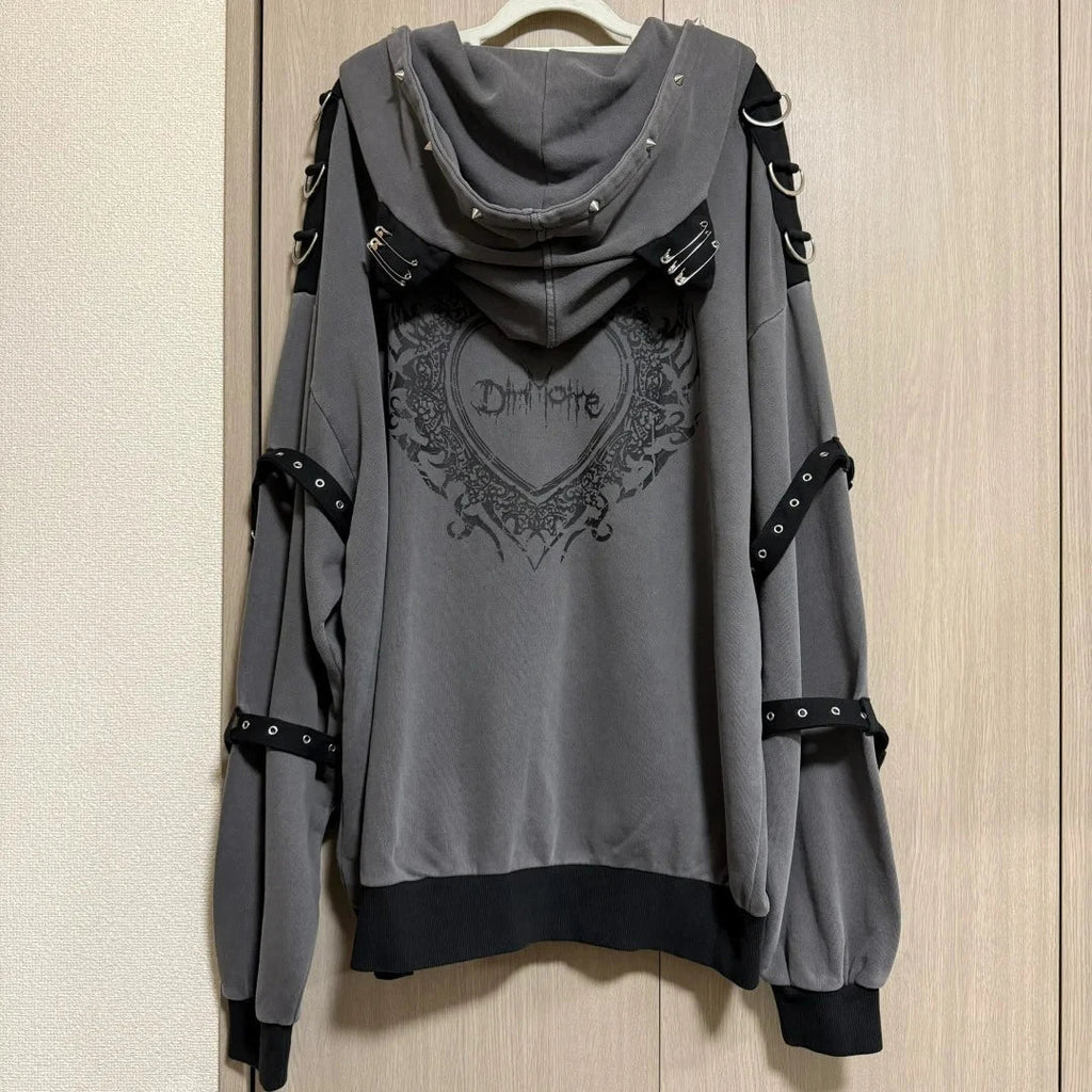 Streetwear Harajuku Hoodies Jackets Women's Clothing Hooded Punk Zipper Coat Japanese Rivet Print Vintage Casual Y2k Sweatshirts