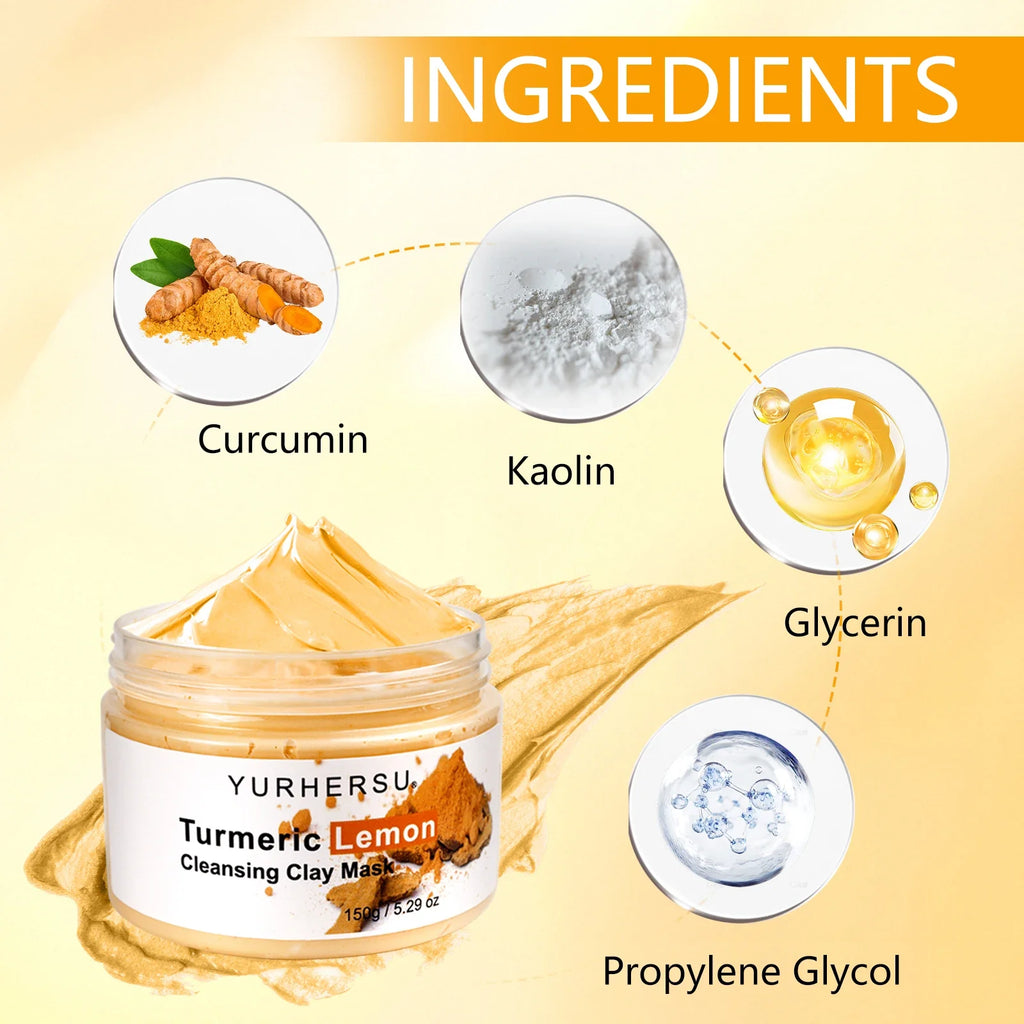 Turmeric and Lemon Deep Cleansing and Pore-Minimizing Clay Mask; Exfoliating and Brightening Clay Mask; Used for Skin Repair.