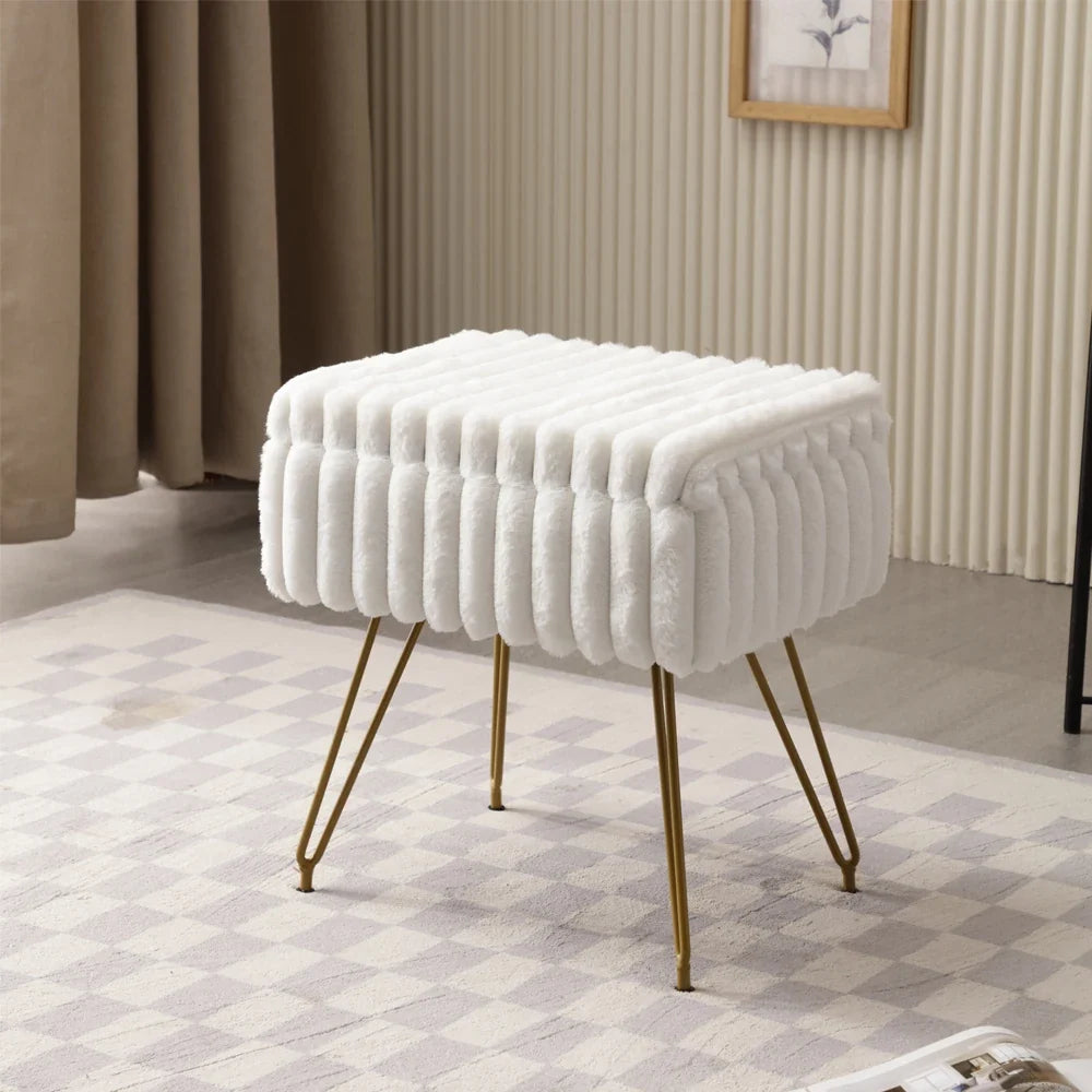 Chic Faux Fur Vanity Stool With Storage - Soft, Comfortable Ottoman Chair For Makeup & Relaxation With Ottoman Chair For Vanity