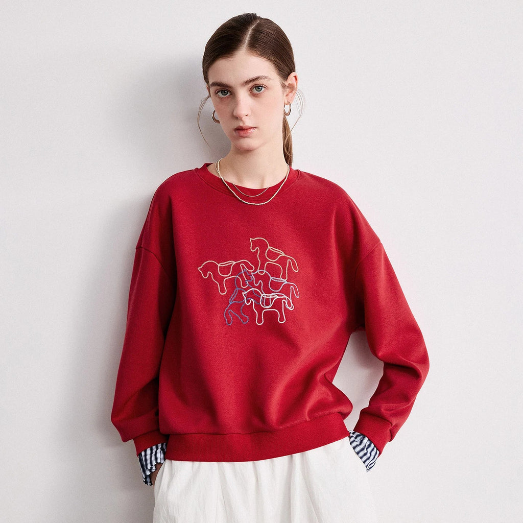 TOYOUTH Women Crewneck Patchwork Plaid Fake Two-Piece Pony Embroidery Loose Sweatshirt 2026 Spring New Tops
