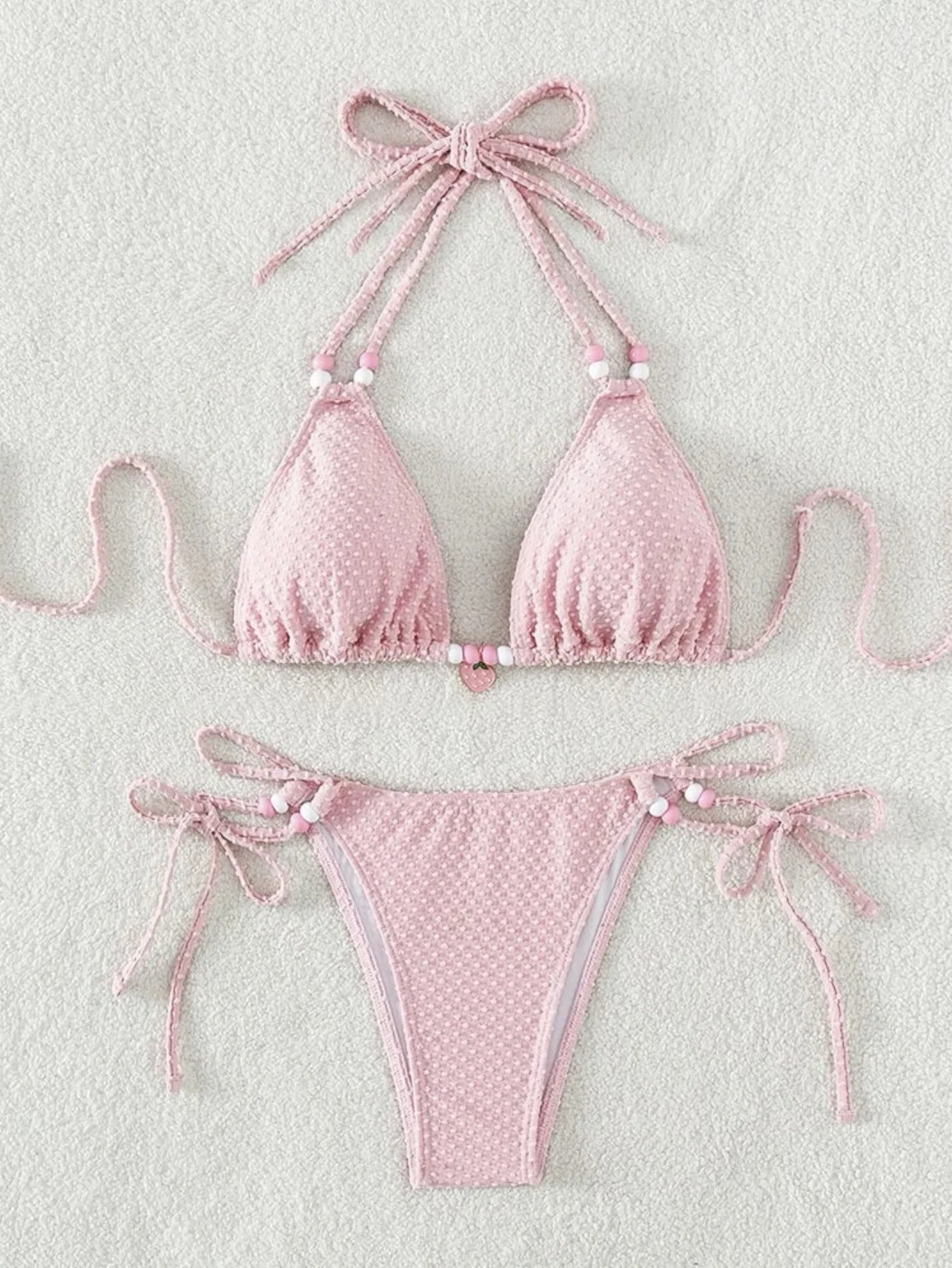 Sexy Pink Bikini 2024 Swimsuit Women White Pearl Strap Push Up Micro Swimwear Brazilian Bathing Suit Tie Side Thong Bikinis Sets