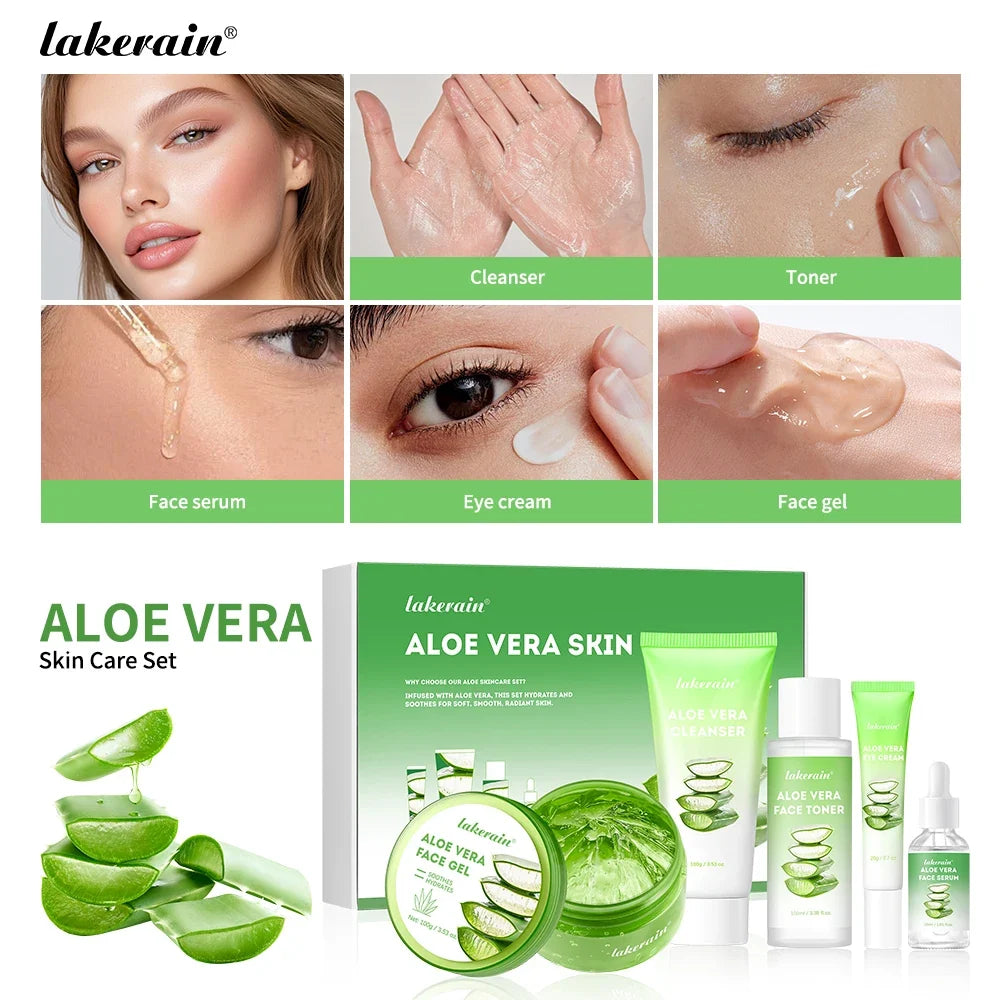Lakerain Aloe Vera Skin Care Set Deep Hydration Smooth Delicate Skin Fast-absorbing Formula Cleanser Toner Serum Lip Blam Kit