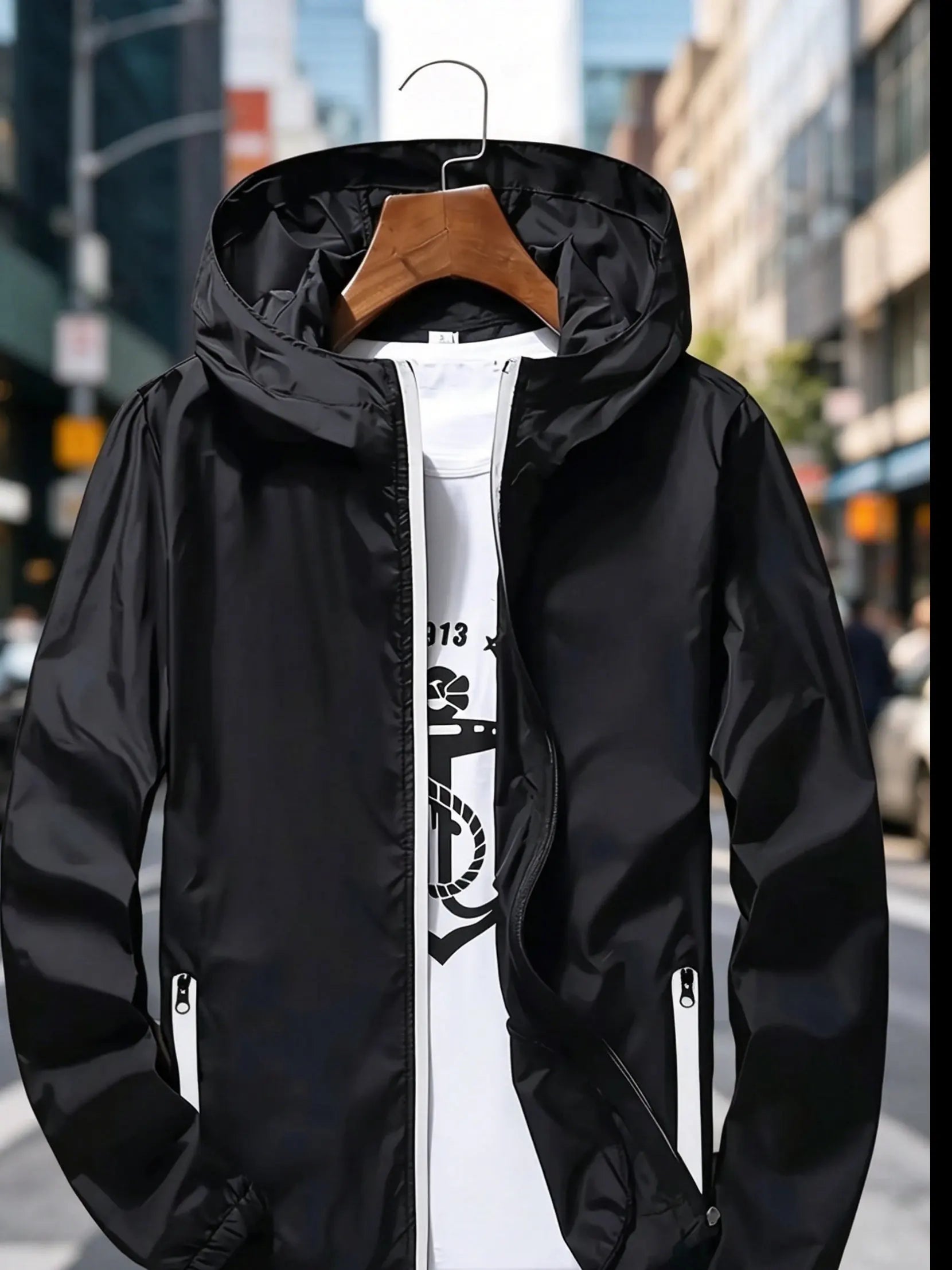 Men's Premium Lightweight Hooded Windbreaker, Quick-Dry Full-Zip Casual Jacket with Zipper Pockets for Street & Outdoor Wear