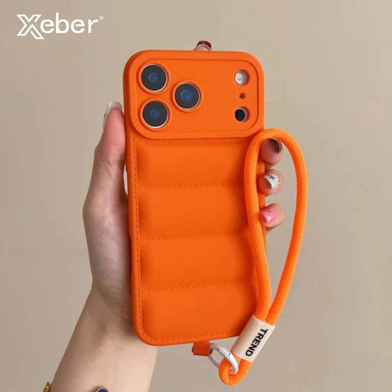 Soft Down Jacket Silicone Case For iPhone 17 16 15 14 13 12 11 Pro Max Plus Air Shockproof Camera Protection Wrist Strap Cover