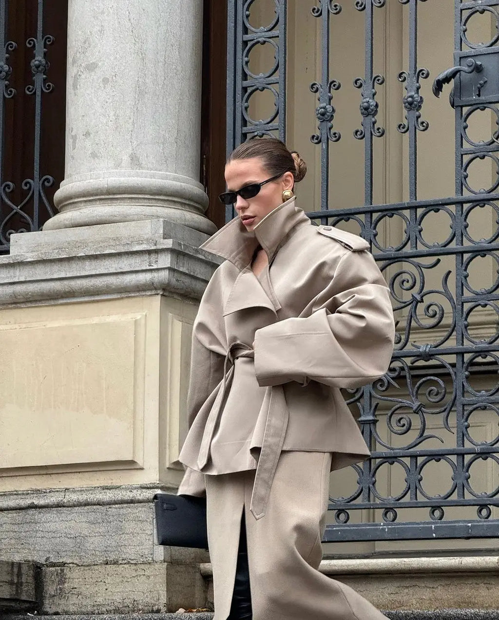 Fashion Women Lace Up Cropped Trench Coat 2026 Lapel Long Sleeves Wide Shoulder Windbreaker Jacket Lady Spring Commuting Outwear