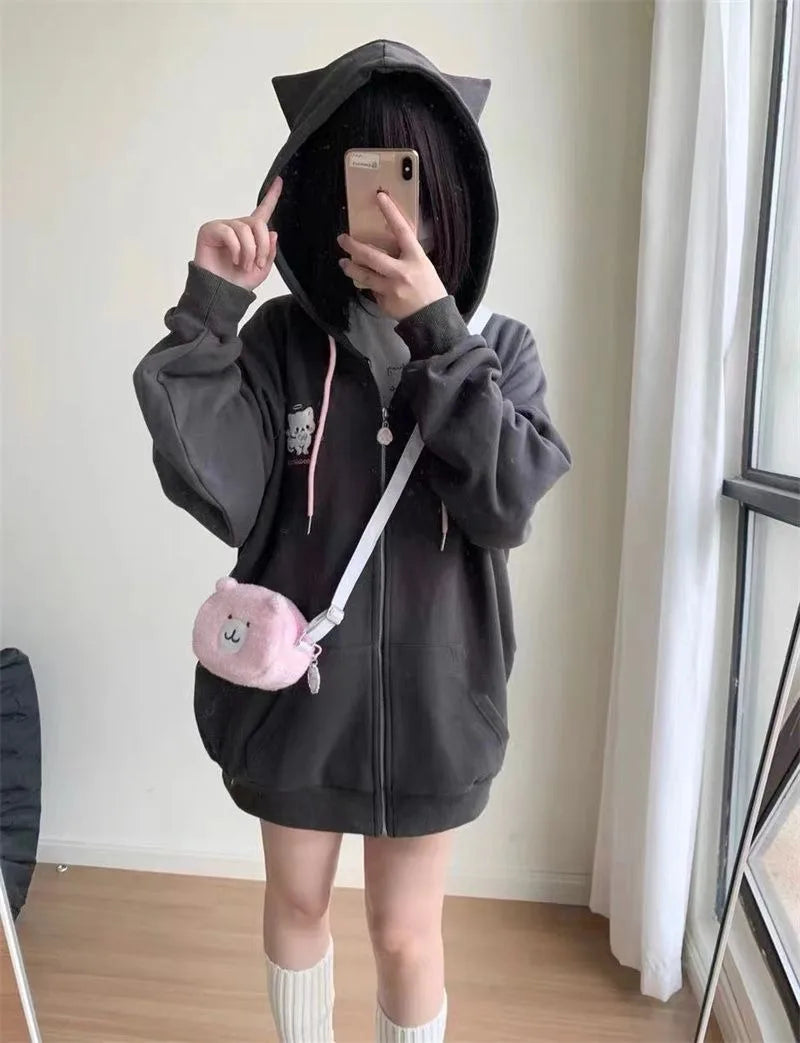 Zipper Hoodie Gothic Cartoon Kawaii Cat Ear Y2k Jacket Zip Up Thin Coat Spring Autumn Cute Core 2000s Clothes Fall Sweatshirts