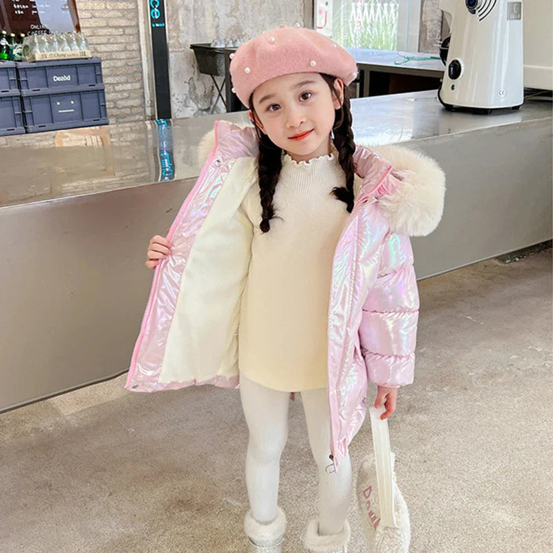 Cute Wings Winter Girls Jacket Keep Warm Princess Coat Fur Collar Hooded Zipper Windproof Girls Outerwear 2 3 4 5 6 8 10 Years