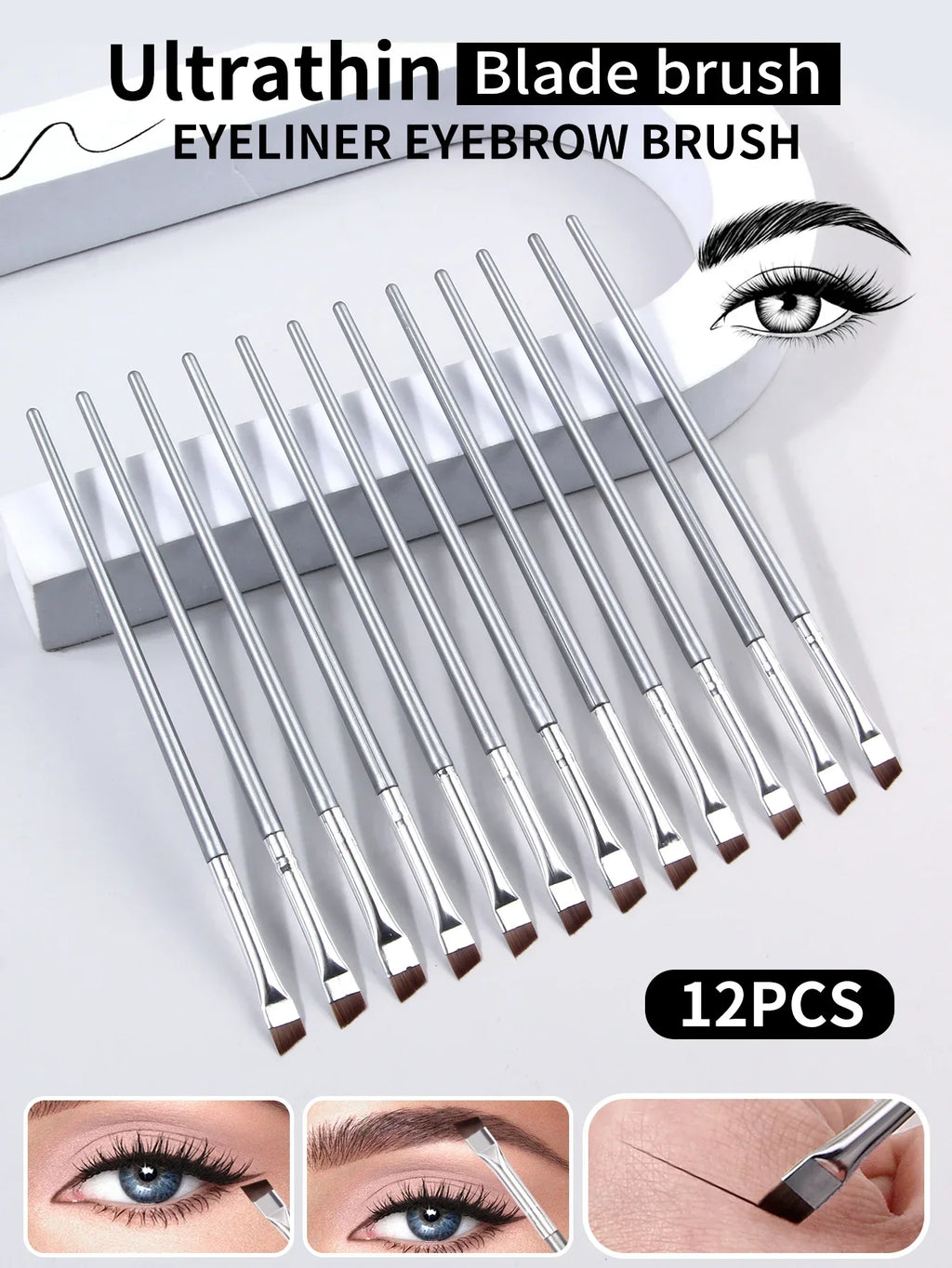 12pcs silvery Super Thin Blade Eyeliner Brush & Soft Makeup Brush Set, Portable Eyebrow Brush & Multipurpose Cosmetic Tool