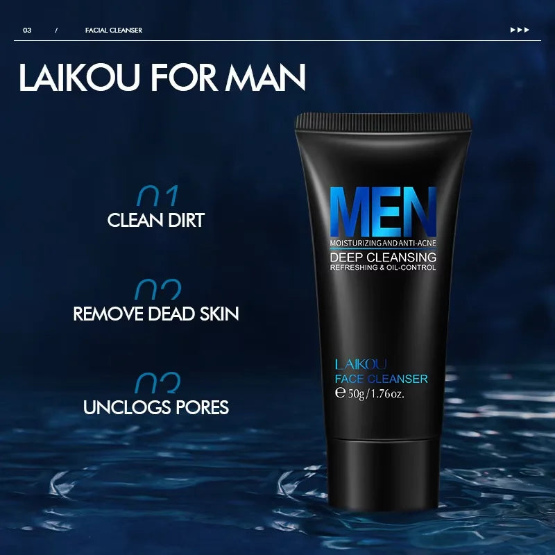 LAIKOU Men Facial Cleanser Face Wash Moisturizing Man Skin Care Oil Control Blackhead Remove Scrub Cosmetics Deep Norishing 50g