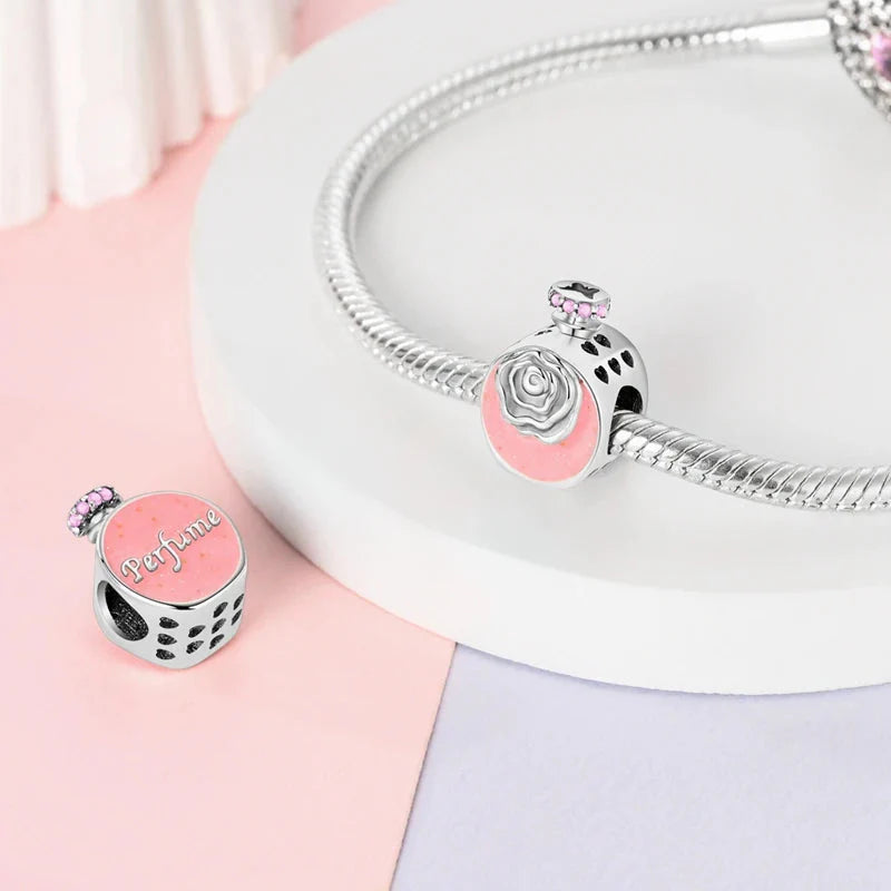 Romantic Pink Crown Perfume Bottle Charms Beads Bracelets Fine Jewelry