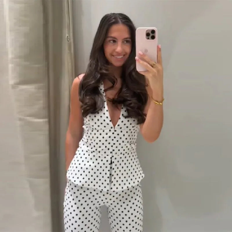 Retro Modern Polka Dot Set Halter Deep V Neck Vest Top Flared Pants Women Party Timeless Chic Female Classic Stylish Outfits