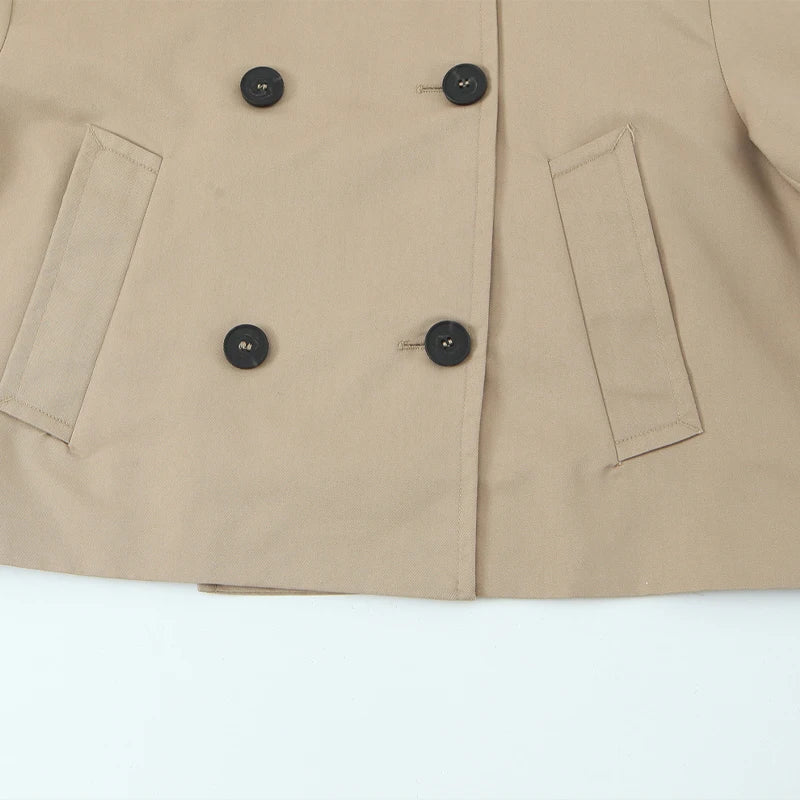 Willshela Women Fashion Khaki Double Breasted Short Trench Jacket Vintage Notched Neck Long Sleeve Female Chic Lady Coat Outfits