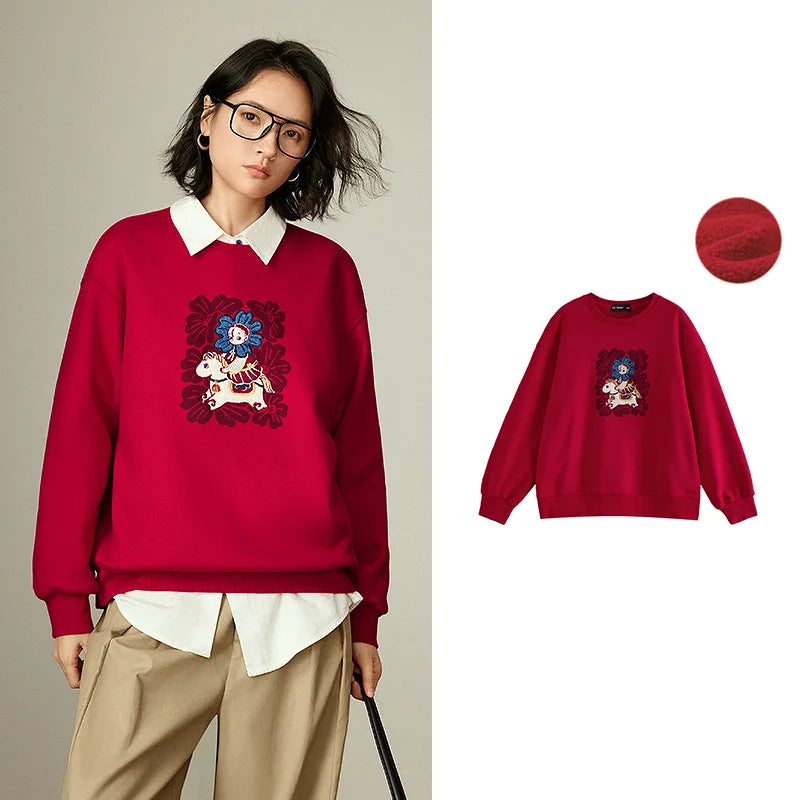 TOYOUTH Mengzhu Daji New Year Co-branded Hoodie for Women 2025 Winter New Pellet Fleece Velvet Loose Year of the Horse Top