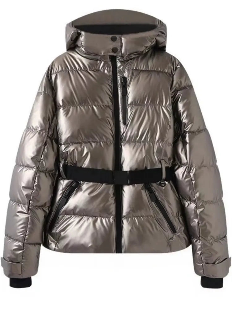 2026 Women Winter Hooded Down Jackets With Belt Lady Warm Thick Long Sleeve Stand Collar Parkas Padded Coats Sports Ski Outdoor