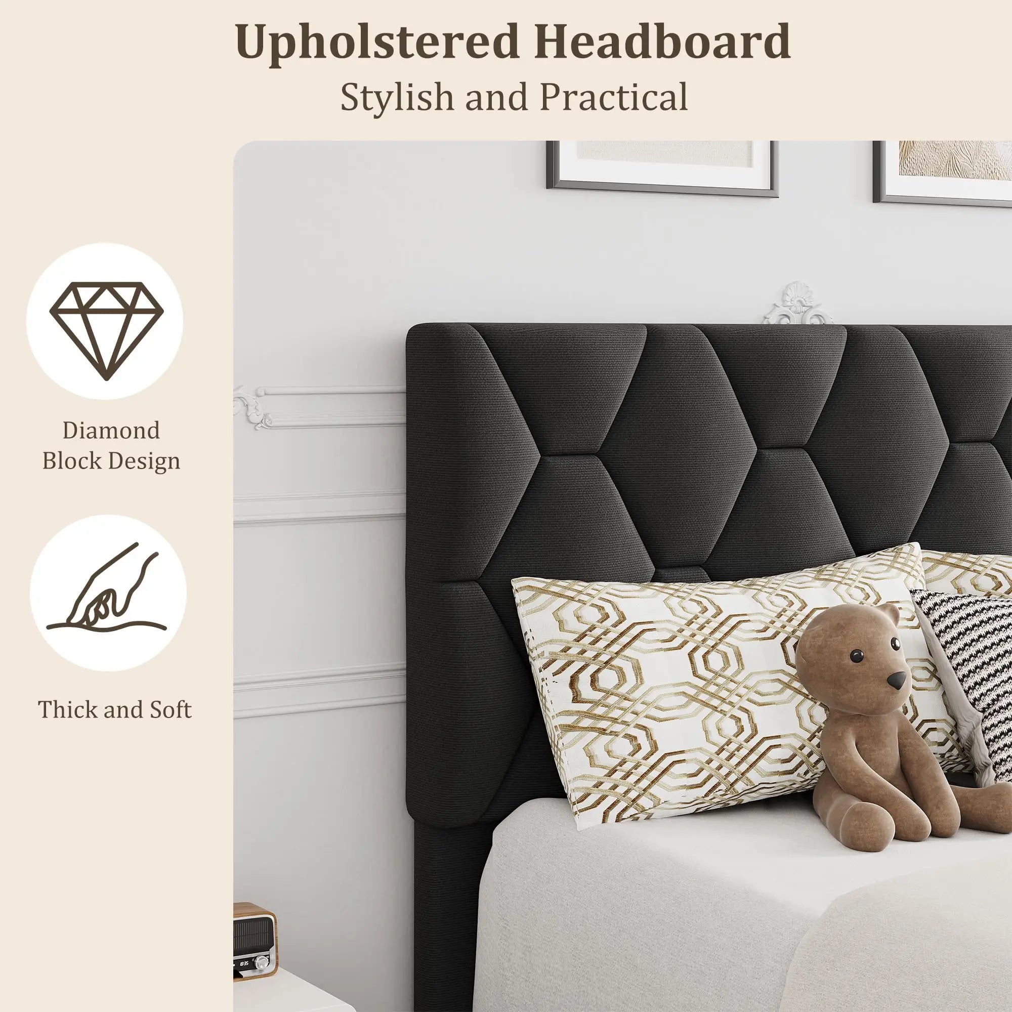 HiMISS Upholstered Bed Frame With Headboard Quiet Heavy Duty