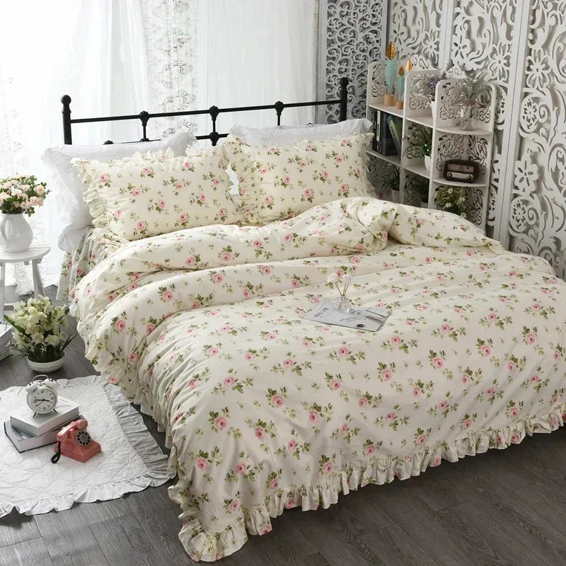 Garden Flower Print King Size Bedding Set Ruffle Duvet Cover Bed Sheet Princess Bed Linens Bedding Set Queen Comforter Sets