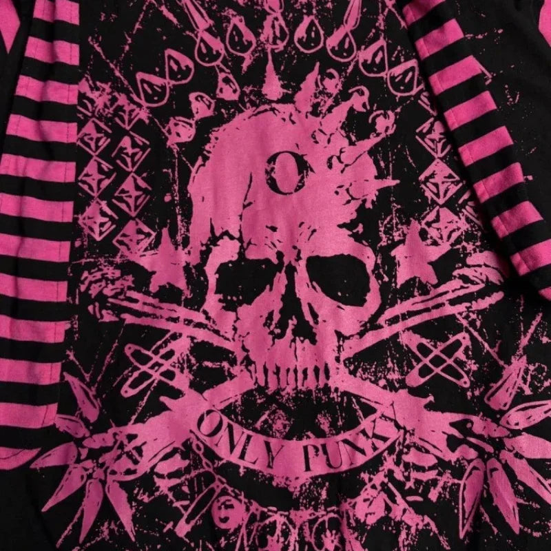 2026 Dark Pink Black Punk Skeleton Printed Striped Sleeve Hoodie Street Style Women's Zipper cardigan Wholesale