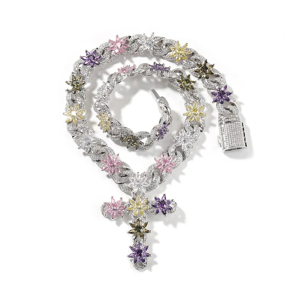 Colorful Flower Cuban Cross Chain